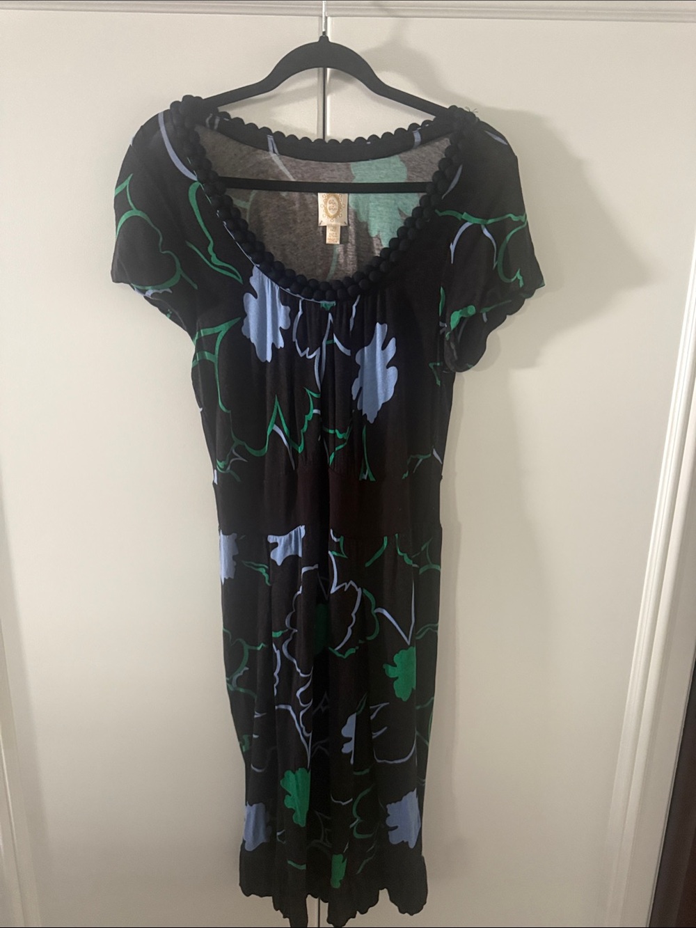 Black Floral Scoop-Neck Women’s Dress with Blue & Green Accents